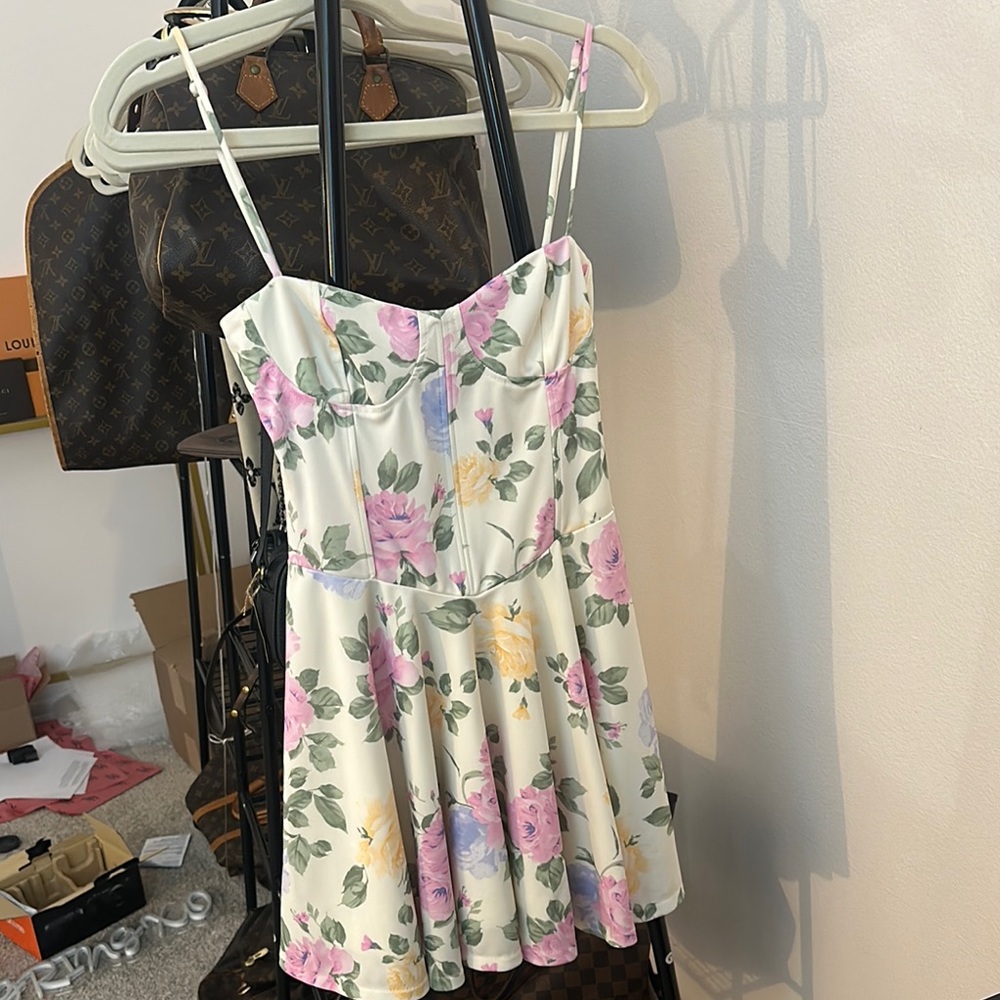 Floral Dress in Cream with Pink and Purple Accents